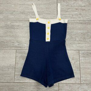 STAUD Romper Knitted Blue White Accents Yellow Buttons Adjustable Straps Small